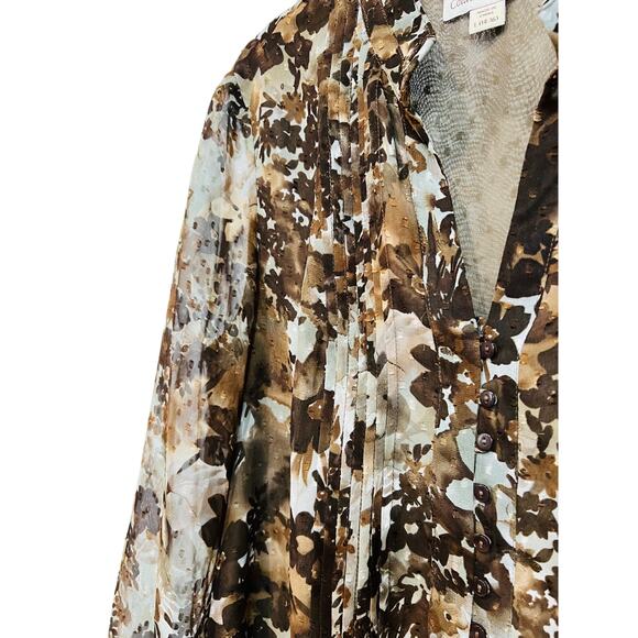 Coldwater Creek Size L 14-16 Women Top Brown Floral Long Sleeve Sheer Lined - Picture 5 of 7